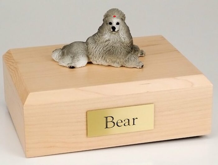 Poodle figurine cremation urn w/wood box