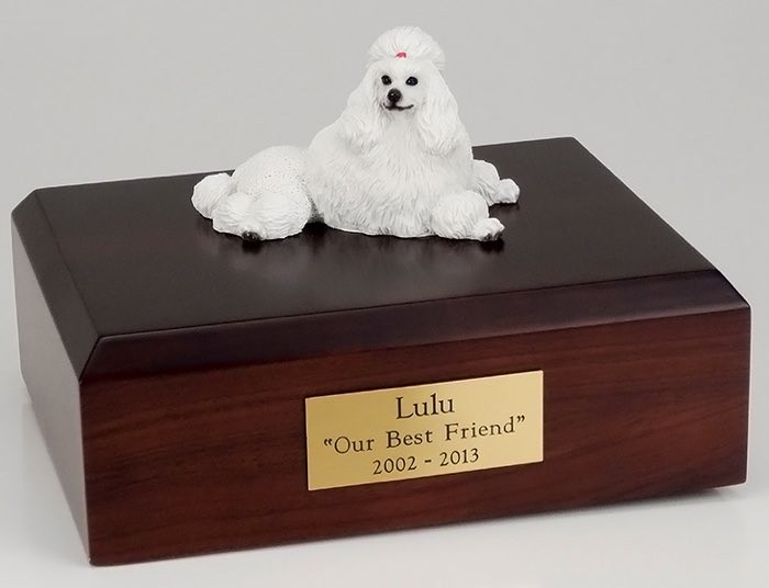 Poodle figurine cremation urn w/wood box