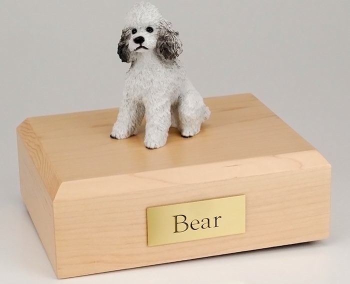 Poodle figurine cremation urn w/wood box