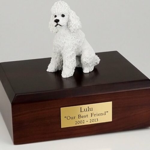 Poodle figurine cremation urn w/wood box