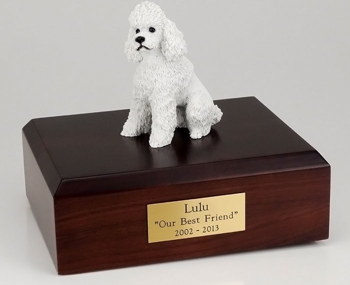 Poodle figurine cremation urn w/wood box