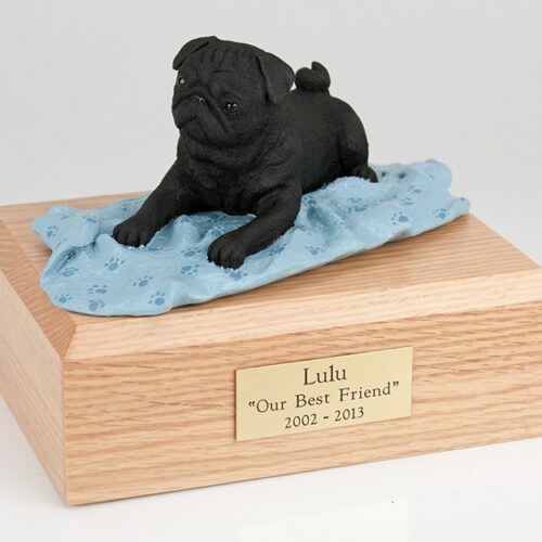 Black Pug figurine cremation urn w/wood box