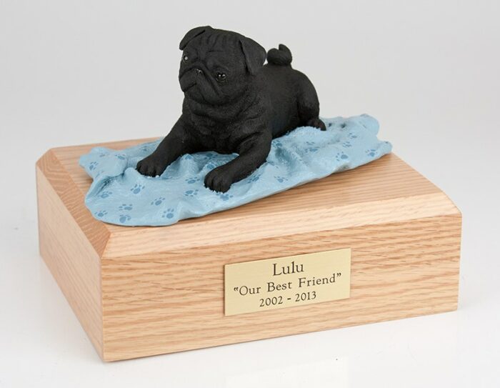 Black Pug figurine cremation urn w/wood box