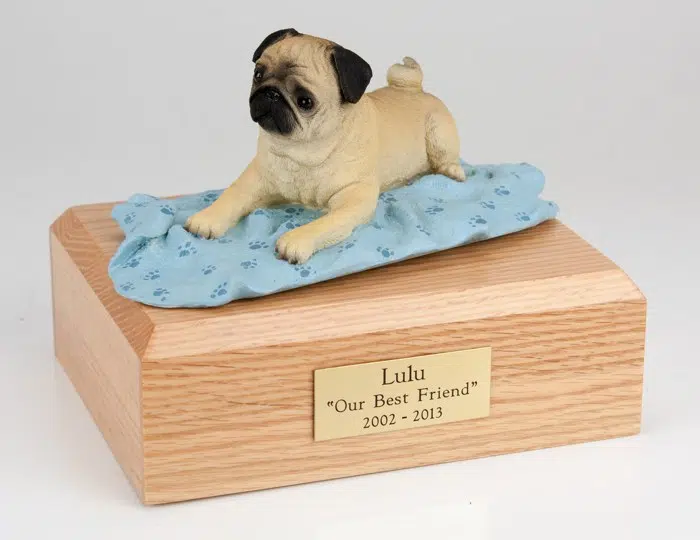 Fawn Pug figurine cremation urn w/wood box