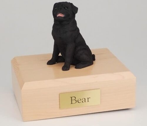 Black Pug figurine cremation urn w/wood box