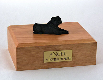 Black Pug figurine cremation urn w/wood box