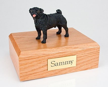 Black Pug figurine cremation urn w/wood box