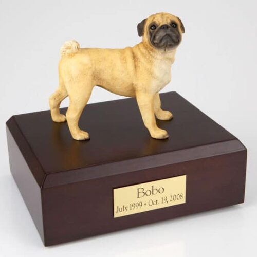 Pug figurine cremation urn w/wood box