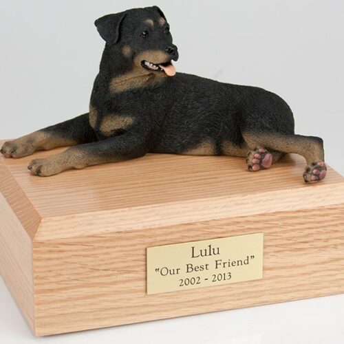 Rottweiler figurine cremation urn w/wood box