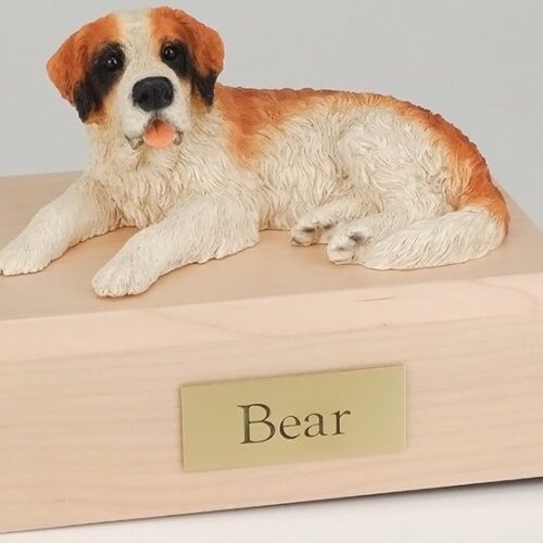 Saint Bernard figurine cremation urn w/wood box