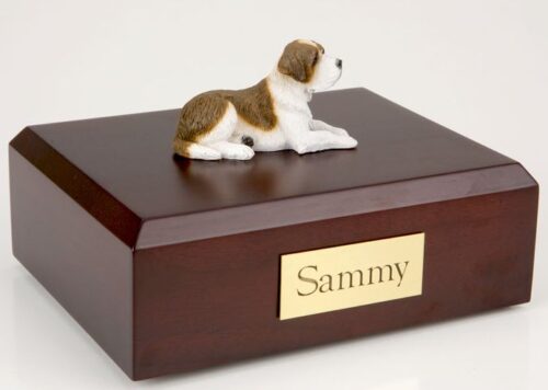 Saint Bernard figurine cremation urn w/wood box