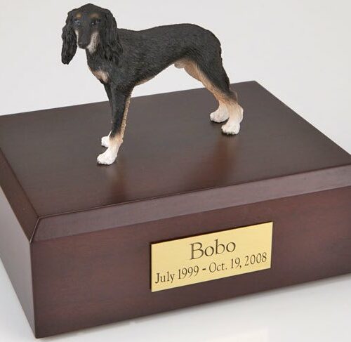 Saluki figurine cremation urn w/wood box