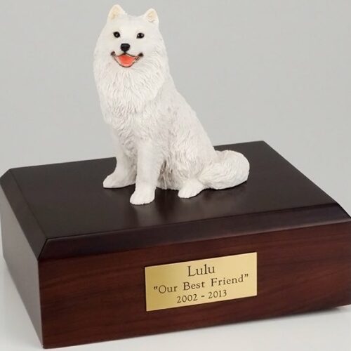 Samoyed figurine cremation urn w/wood box