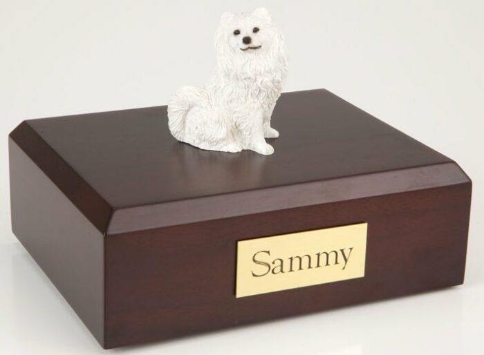 Samoyed figurine cremation urn w/wood box