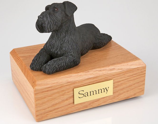 Schnauzer Dog cremation figurine urn w wooden storage box