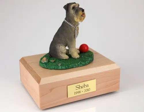 Schnauzer figurine cremation urn w/wood box