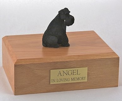 Schnauzer figurine cremation urn w/wood box