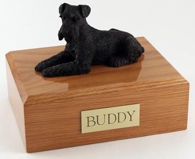 Schnauzer figurine cremation urn w/wood box