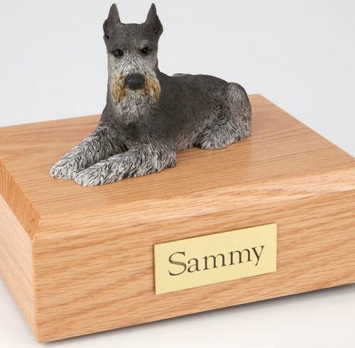 Schnauzer figurine cremation urn w/wood box