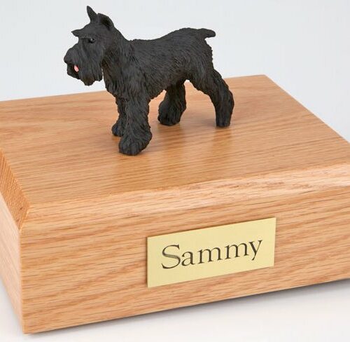 Schnauzer figurine cremation urn w/wood box