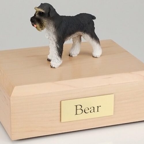 Schnauzer figurine cremation urn w/wood box