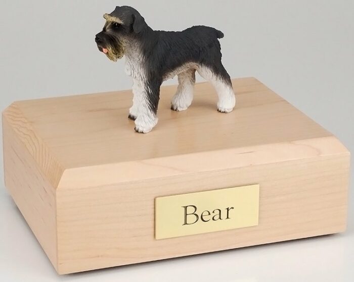 Schnauzer figurine cremation urn w/wood box