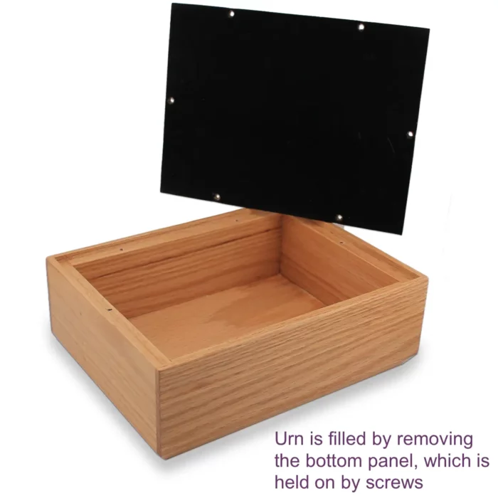 Pet memorial cremation urn, showing bottom panel removed