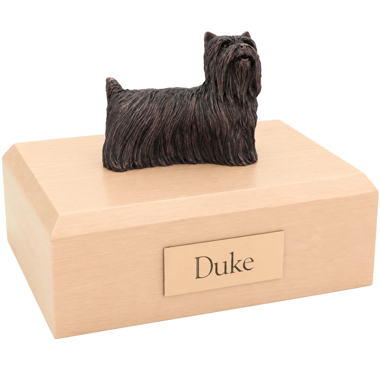Bronze look standing Yorkshire Terrier dog figurine maple wood memorial cremation urn