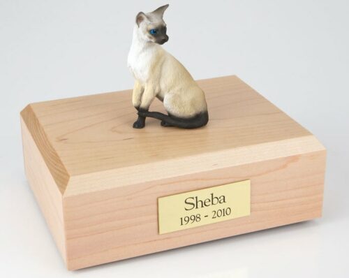 Siamese cat figurine cremation urn w/wood box
