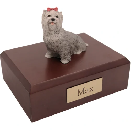 Memorial cremation walnut finish urn with sitting gray Yorkshire Terrier (Yorkie) dog figurine