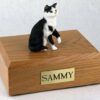 Black/White Tabby cat figurine cremation urn w/wood box