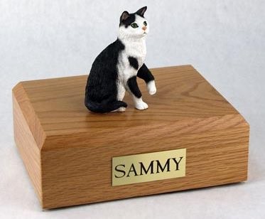 Black/White Tabby cat figurine cremation urn w/wood box