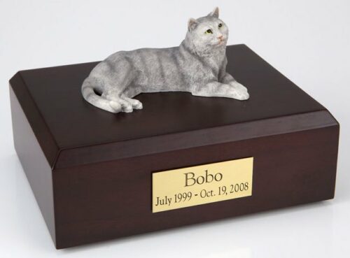 Gray Tabby cat figurine cremation urn w/wood box