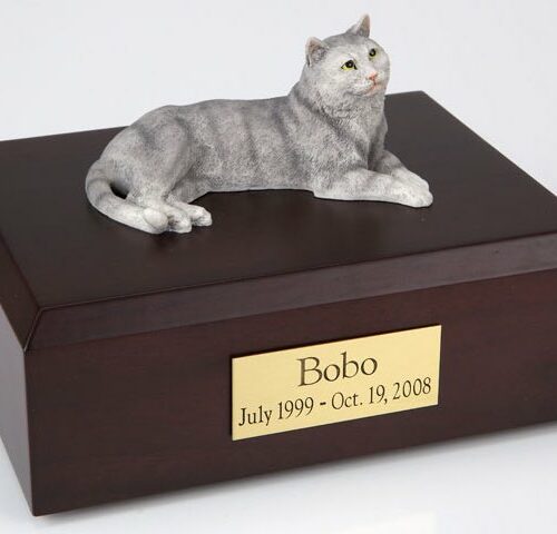 Gray Tabby cat figurine cremation urn w/wood box