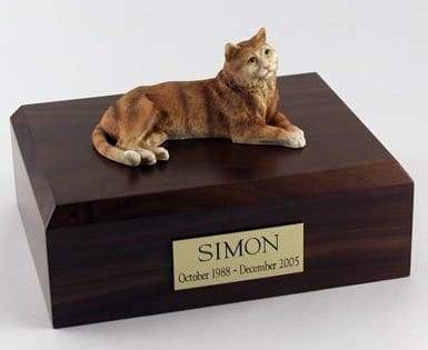 Orange Tabby cat figurine cremation urn w/wood box