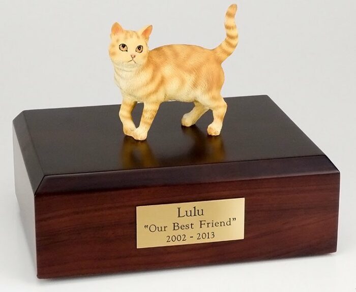 Orange Tabby cat figurine cremation urn w/wood box