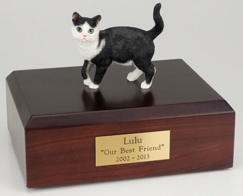 Black/white Tabby cat figurine cremation urn w/wood box