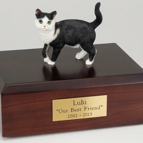 Black/white Tabby cat figurine cremation urn w/wood box