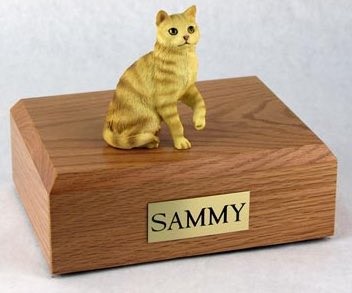 Orange Tabby cat figurine cremation urn w/wood box