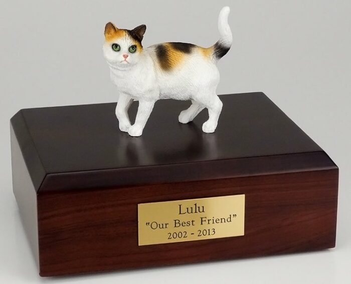 Try-color cat figurine cremation urn w/wood box