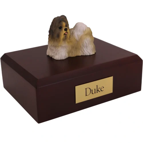 Memorial cremation walnut finish urn with gray and white Shih Tzu dog figurine