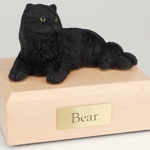 Black Persian cat figurine cremation urn w/wood box