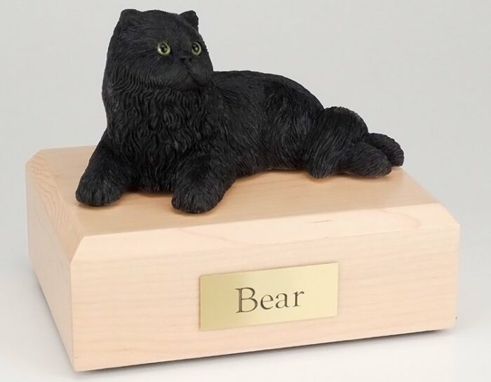 Black Persian cat figurine cremation urn w/wood box