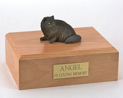 Black Persian cat figurine cremation urn w/wood box