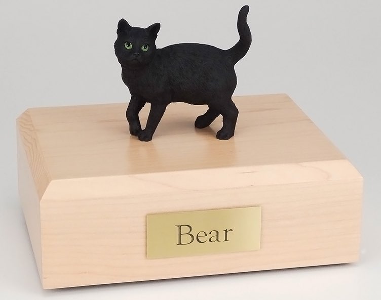 Black cat cremation figurine urn w/wooden storage box