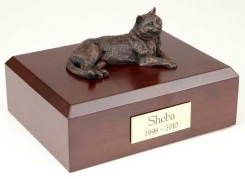 Bronze-look Tabby cat figurine cremation urn w/wood box