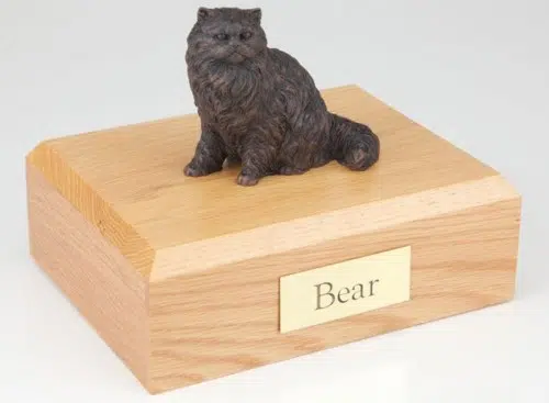 Bronze-look Persian cat figurine cremation urn w/wood box