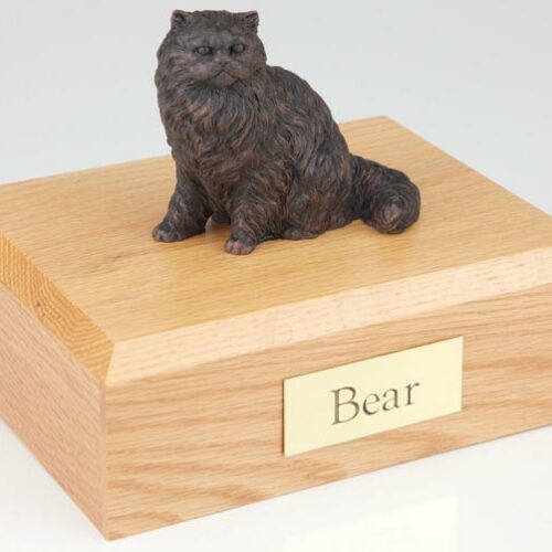 Bronze-look Persian cat figurine cremation urn w/wood box