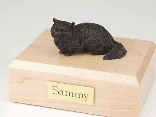 Bronze-look Angora cat figurine cremation urn w/wood box