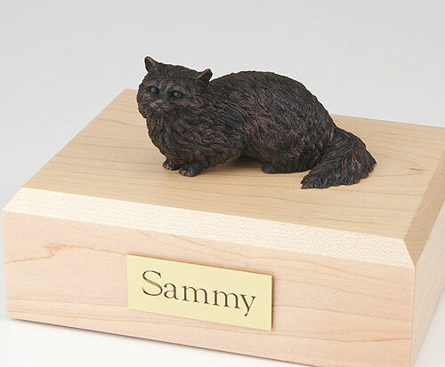 Bronze-look Angora cat figurine cremation urn w/wood box